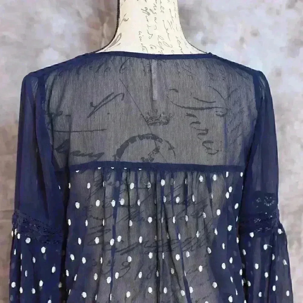 Women's Free People Size S navy blue polka dot embroidered sheer shirt - Picture 9 of 14
